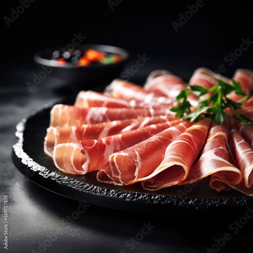 Slices of Italian prosciutto on a black oval plate, natural food concept, close - up, place for text. Generative AI