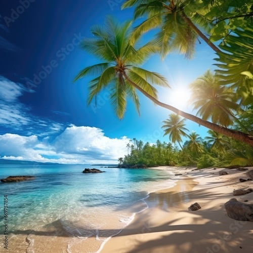 A tropical island against with palm trees the background of a blue sky  sunny beach with white sand  space for text. Generative AI