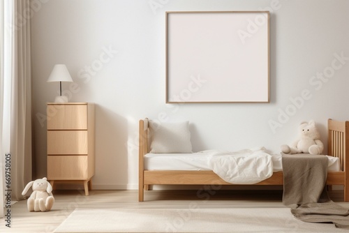 Minimal wooden furniture in unisex child bedroom with mockup frame, rendered in 3D. Generative AI