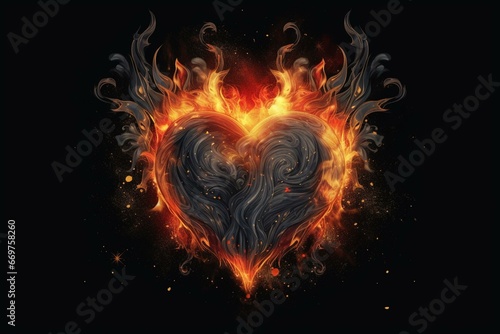 Illustrated heart symbol with flames on dark background. Generative AI