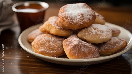 Plate of Buuelo Freshly Fried and Topped with Cinnamon and Powdered Sugar