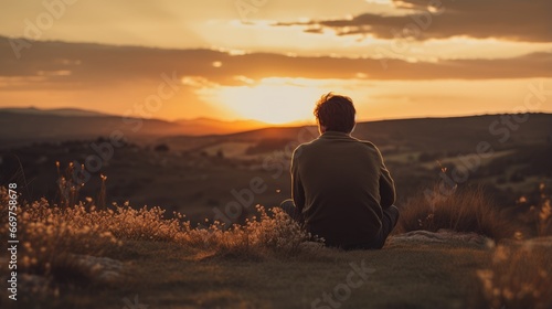Solitary Man Contemplating Alone in the Sunset