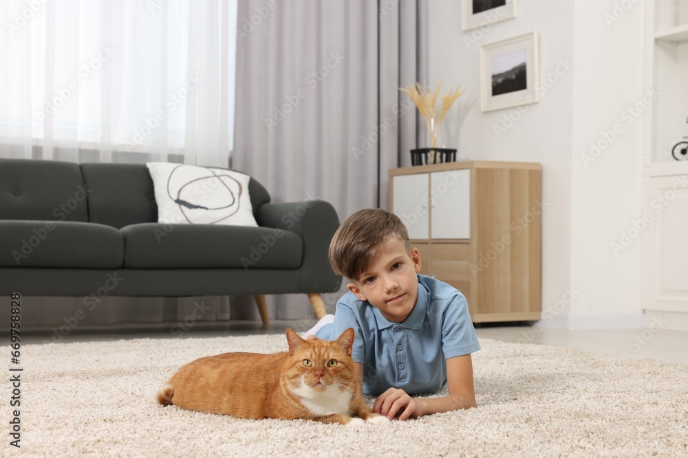 Little boy with cute ginger cat on soft carpet at home