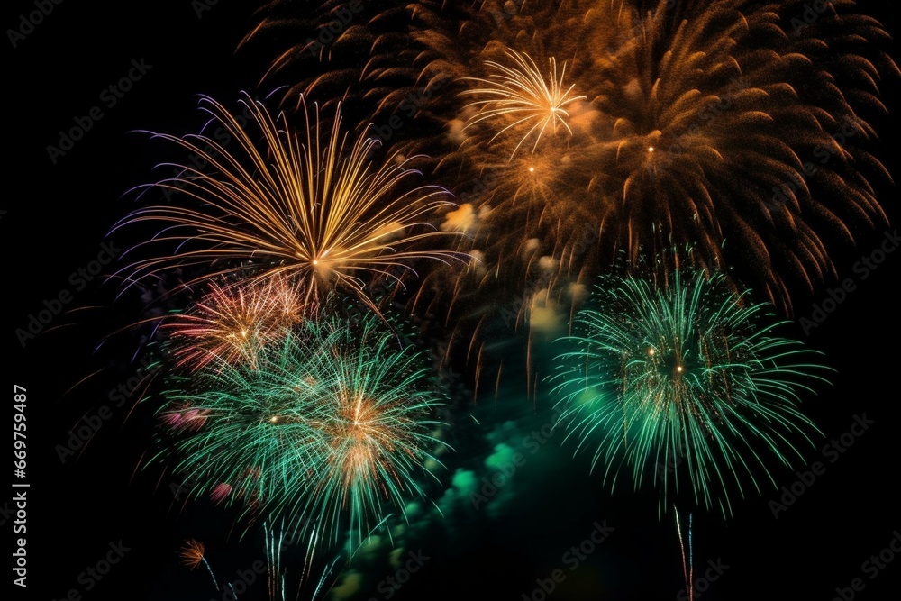 Vibrant fireworks illuminate the night sky. Generative AI