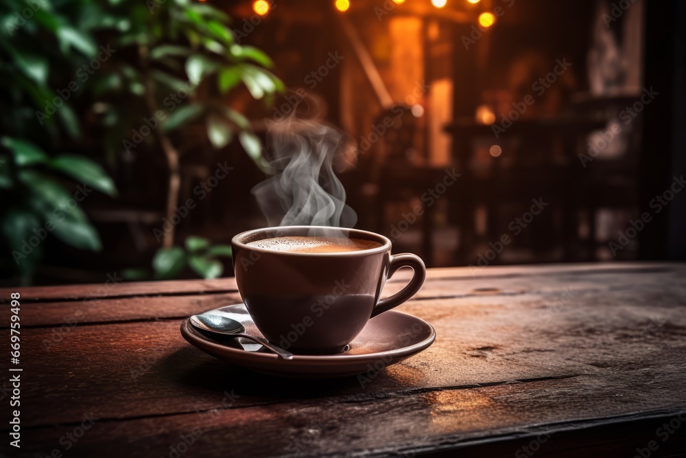 A steaming cup of black coffee resting on a vintage wooden table in the heart of a quaint cafe A steaming cup of black coffee resting on a vintage wooden table in the heart of a quaint cafe