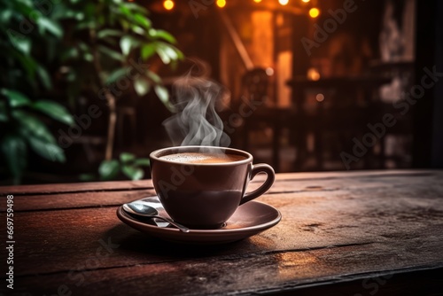 A steaming cup of black coffee resting on a vintage wooden table in the heart of a quaint cafe