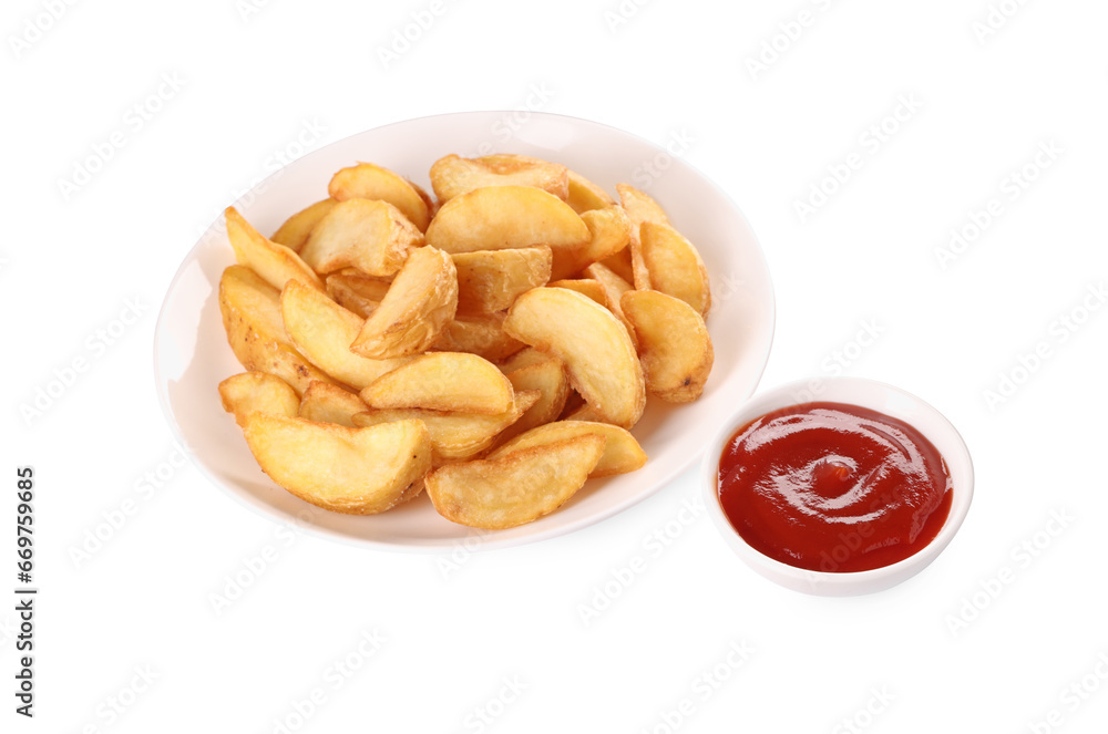 Delicious baked potato wedges and ketchup in bowl on white background