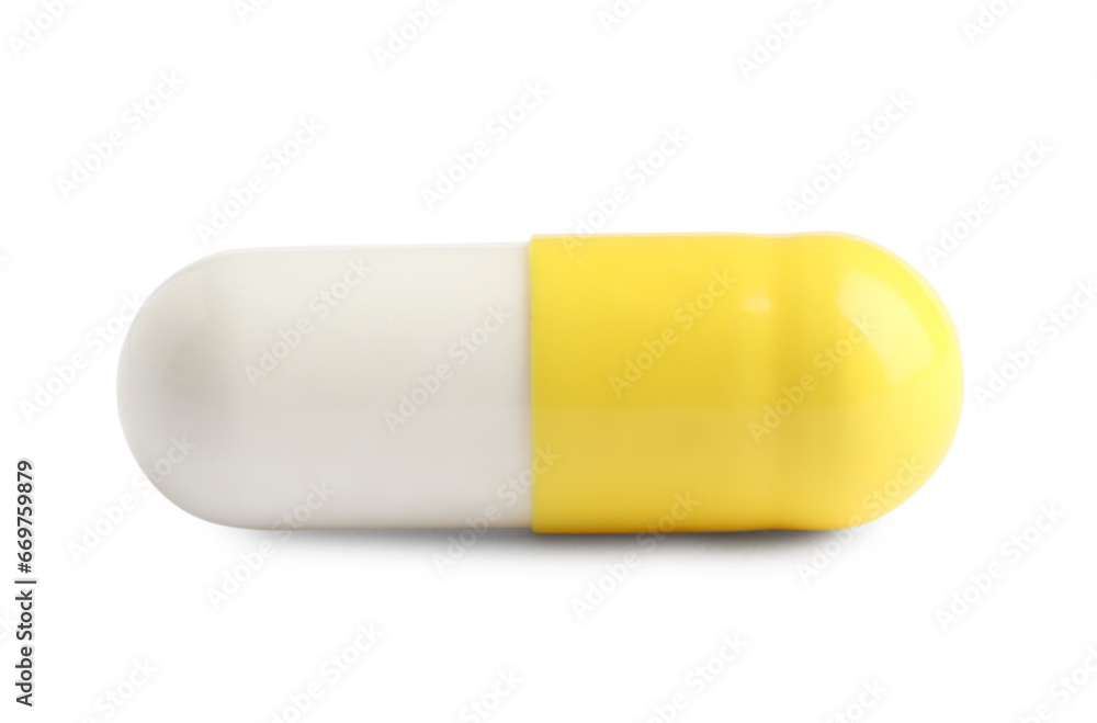 One pill on white background. Medicinal treatment