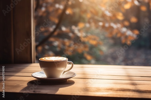 A Perfect Morning with a Creamy Vanilla Hazelnut Latte on an Aged Wooden Table in Soft Sunlight