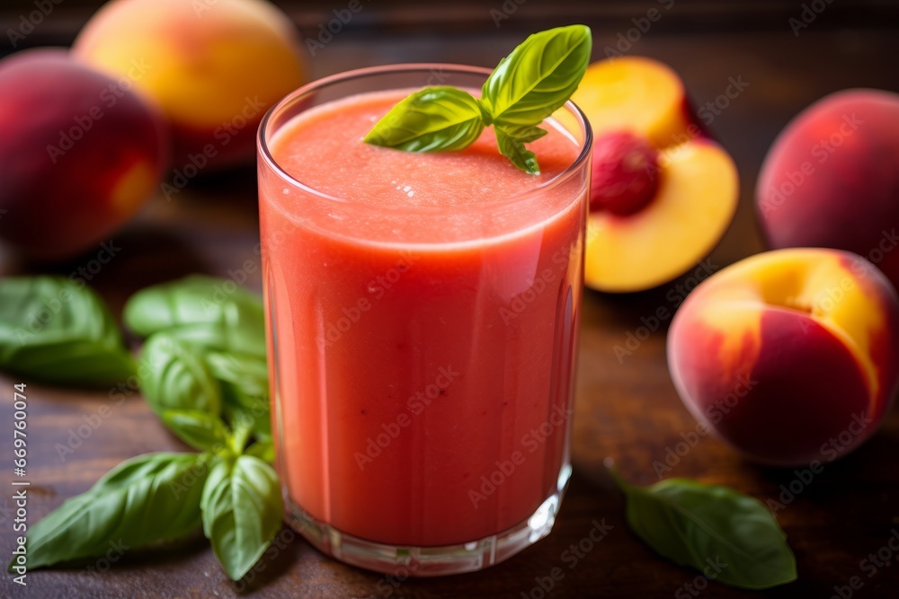 A Healthy Start to the Day with a Vibrant Nectarine Basil Smoothie Illuminated by Morning Sunlight A Healthy Start to the Day with a Vibrant Nectarine Basil Smoothie Illuminated by Morning Sunlight