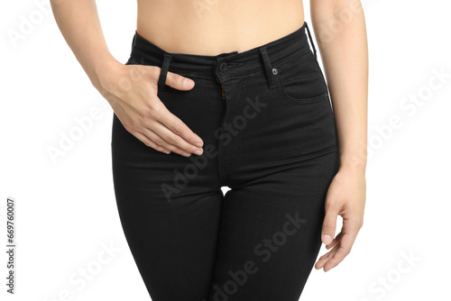 Woman wearing stylish black jeans on white background, closeup