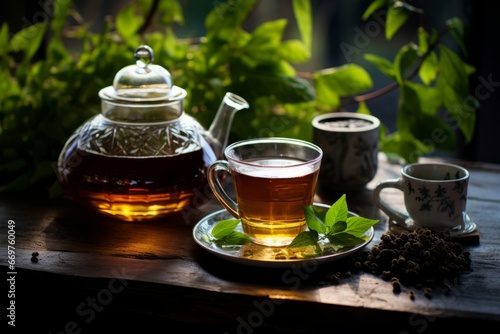 A warm cup of therapeutic Uva Ursi tea nestled amongst its fresh leaves on an old-fashioned wooden table