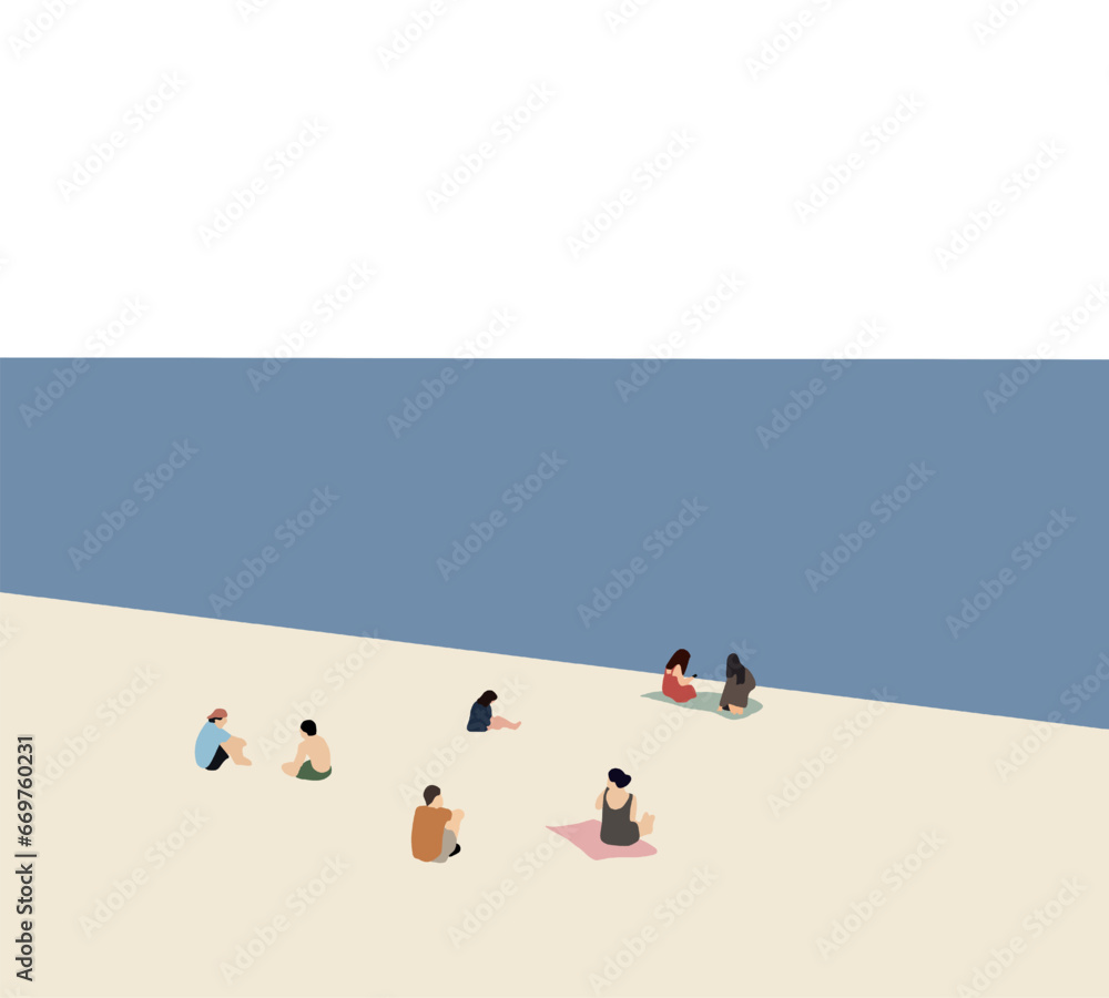 Fototapeta premium People sitting and relaxing on the white sand beach during holiday vacation. Travel leisure concept. Blue ocean scenic view background.