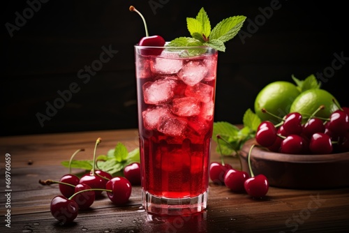 A Vibrant Close-Up Image of a Chilled Lemon-Cherry Blend Drink Served with Fresh Mint