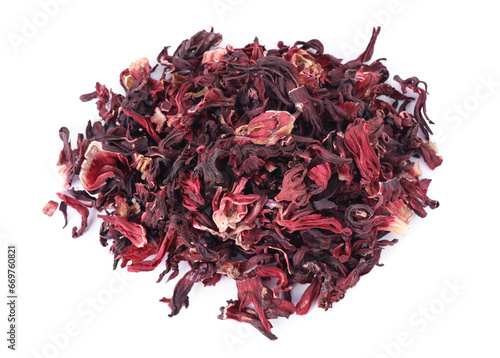 Pile of dry hibiscus tea isolated on white, top view