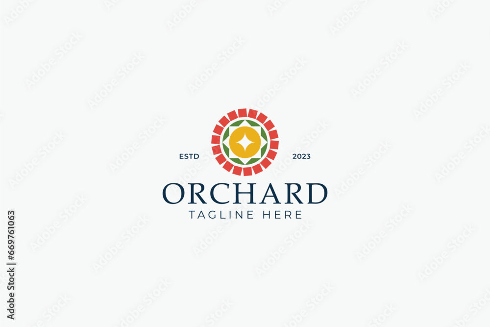 Orchard Letter O Abstract Botanic Logo with Element Shape Flower Brick Plant Fruit Color Concept