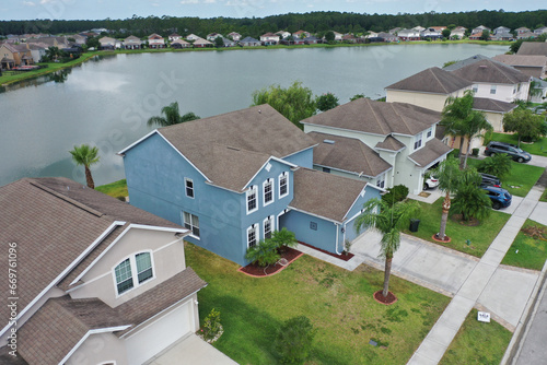 Aerial view of lakefront Florida community.