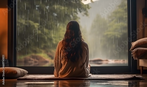 a woman looking out the rainy window  Generative AI