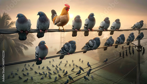Who am I? Where am I? (There's a chicken sitting together among the pigeons sitting on the electric wire) Generative AI