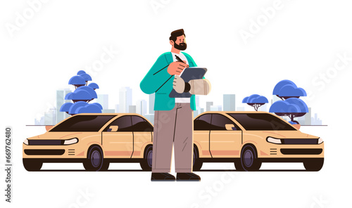 disabled man salesperson with replaced robotic arm cars dealership center people with disabilities concept