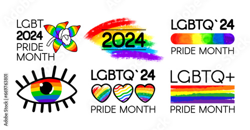 LGBT Pride Month 2024 Pack. Brushstroke LGBT flags, logos, symbols, icons, and stickers.