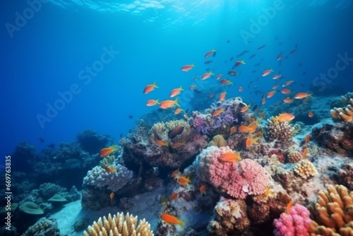 Underwater coral reef with vibrant fishes. Generative AI