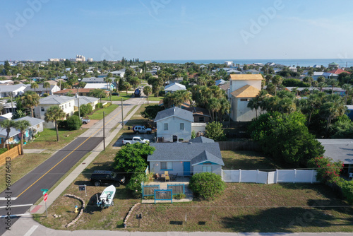 Aerial view of residential street in New Smyrna Beach, Florida, USA.