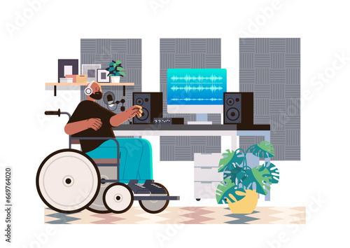 disabled man audio engineer in wheelchair mixing and mastering song music recording people with disabilities concept