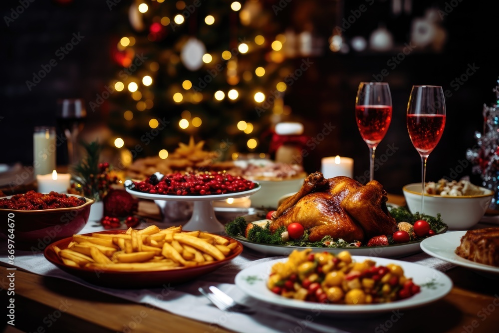 Christmas dinner on the table against the background of the Christmas tree Christmas dinner on the table against the background of the Christmas tree