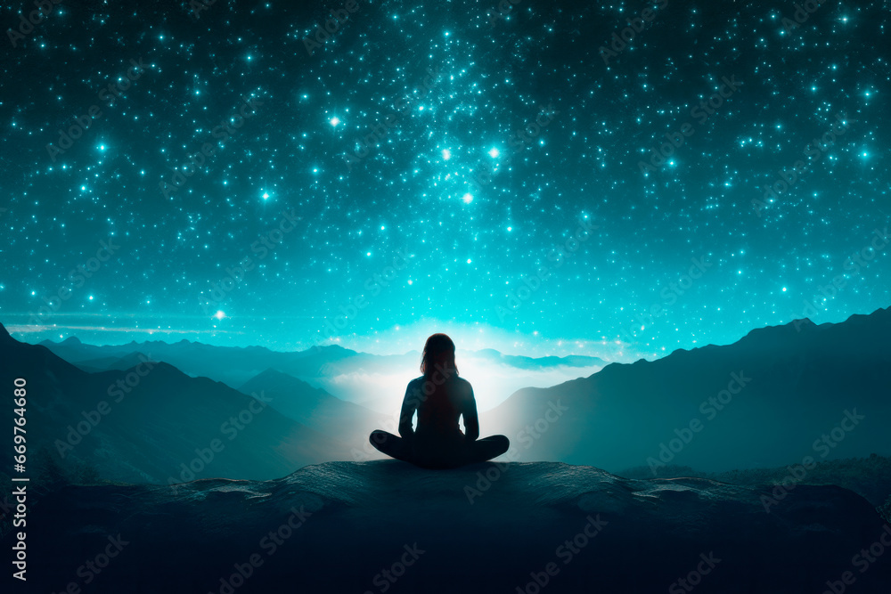 silhouette of a woman meditating outdoors under a starry sky at night	