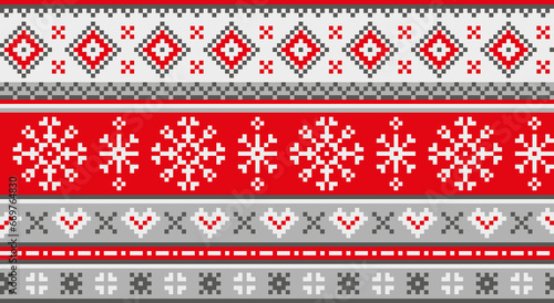 Nordic winter pattern. Knitted texture with snowflakes and love. Traditional knitting and embroidery in gray and red color background.