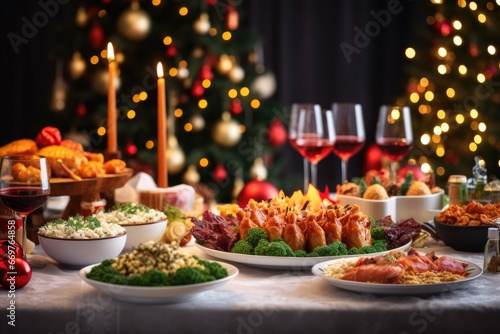 Christmas dinner on the table against the background of the Christmas tree
