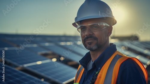 solar energy worker smiling mood near the electricity area