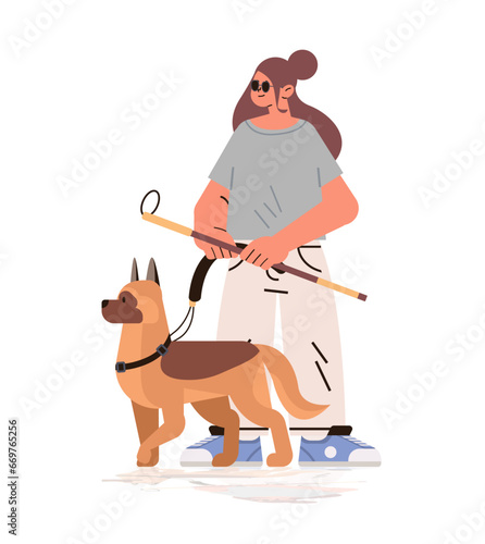 bling woman walking with guide dog assistant animal leading female character confident navigation people with disabilities concept