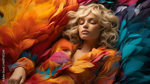 Comfort sleeping concept. Beautiful woman sleeping with pleasure on a soft cuddling colorful feathers