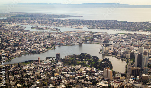 Lake Merritt in Oakland California Aerial View (Helicopter)  photo