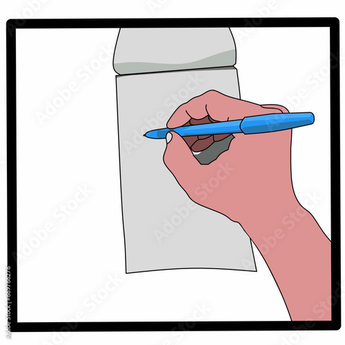 Hand with pen writing on a small notebook vector illustration.