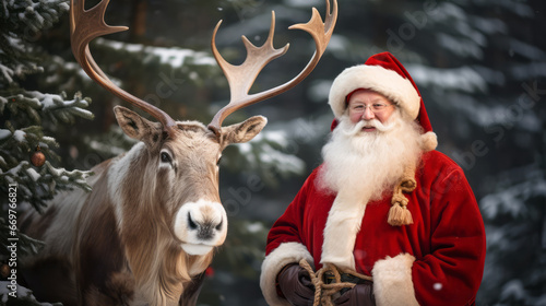 Santa Claus with reindeer in winter forest. Concept of happy New Year and Christmas celebration. Ai generative © ImageFlow