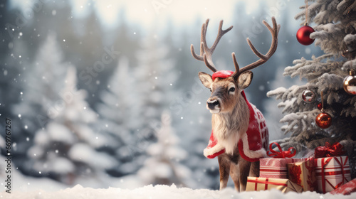 New year celebration Holiday concept. Present gift boxes on the snow under Christmas tree. Christmas reindeer in winter forest. Ai generative