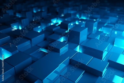 Bright  glowing surface with blue geometric shapes. Futuristic  vibrant 3D backdrop. Generative AI