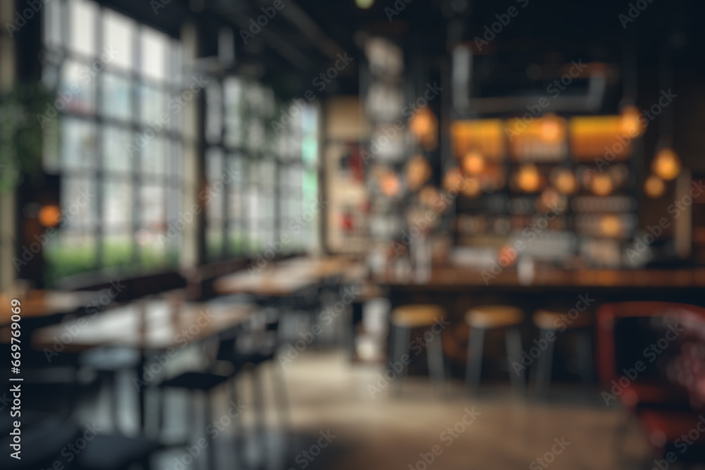 Abstract blur and defocused coffee shop cafe and restaurant interior for background - obrazy, fototapety, plakaty 
