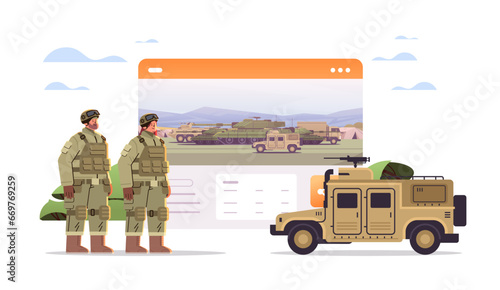 army soldiers in camouflage helmet and life vest standing together military service happy labor day celebration concept