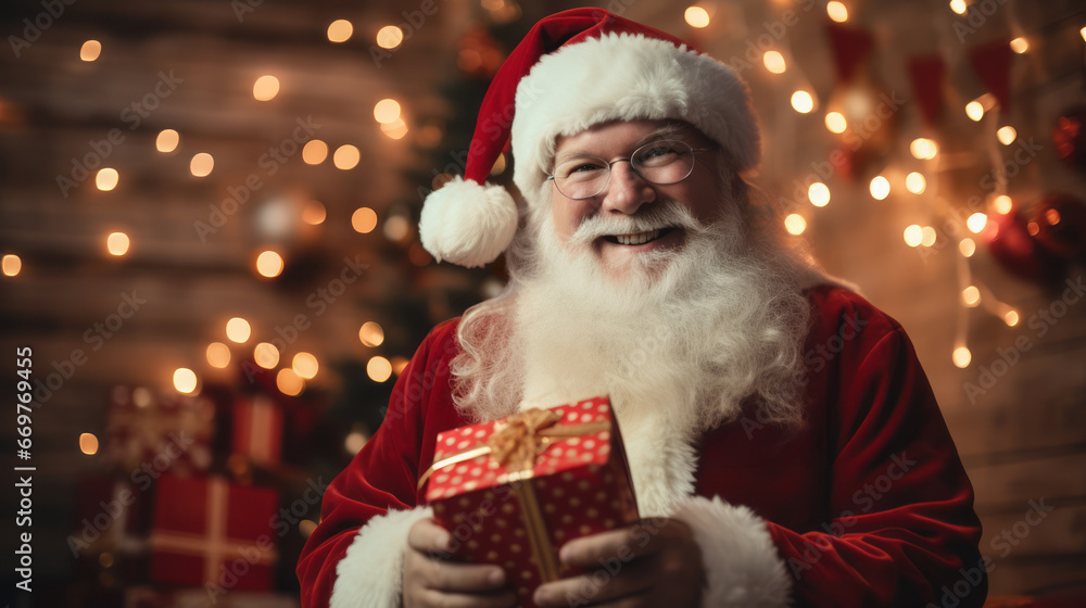 Santa Claus Man in Christmas Hat Red Suit Clothes holding Gift present Box in living room Background with Christmas Tree. Happy New Year, Merry Christmas, x-mas Holiday Concept. Ai Generative Santa Claus Man in Christmas Hat Red Suit Clothes holding Gift present Box in living room Background with Christmas Tree. Happy New Year, Merry Christmas, x-mas Holiday Concept. Ai Generative