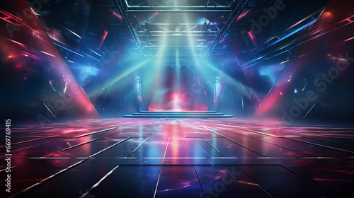 Colorful spotlights nightclub stage with dynamic red and blue spotlights, a vintage dance floor below, and a scene immersed in the play of laser beams, lamps, and swirling smoke photo