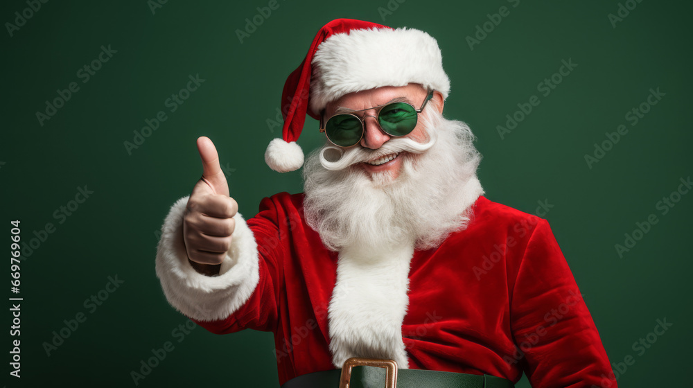 Naklejka premium Old Santa Claus man in Christmas Hat Red Suit Clothes Keep his Thumbs Up Green Background Studio Shot. Like Happy New Year, Merry Christmas, x-mas Holiday Concept. Ai Generative
