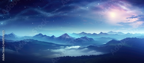 Stunning space backdrop featuring vibrant Milky Way and mountains in a nighttime landscape © AkuAku