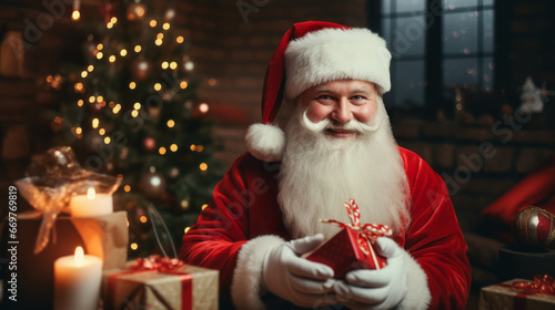 Santa Claus Man in Christmas Hat Red Suit Clothes holding Gift present Box in living room Background with Christmas Tree. Happy New Year, Merry Christmas, x-mas Holiday Concept. Ai Generative