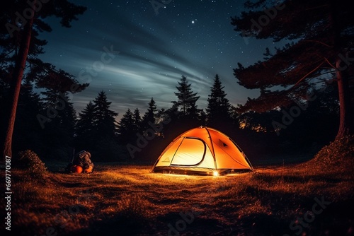 Nighttime camping in a tent. Generative AI