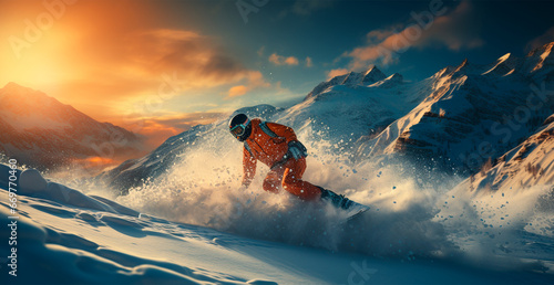 Ski slope in the Alps, mountain descent in winter on a snowboard, winter sports holiday - AI generated image
