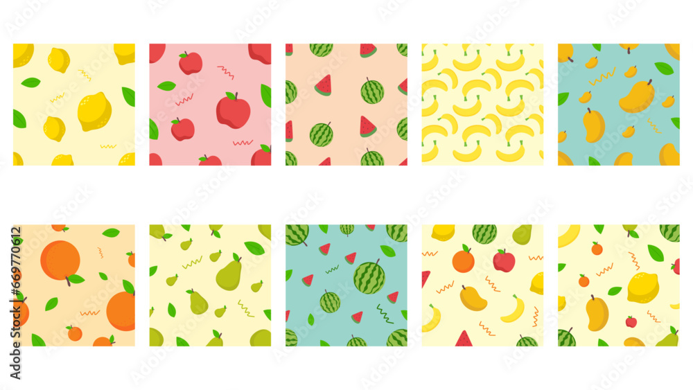 Set of colorful fruit pattern. Orange, lemon, banana, watermelon, apple, tropical fruits pattern for background.